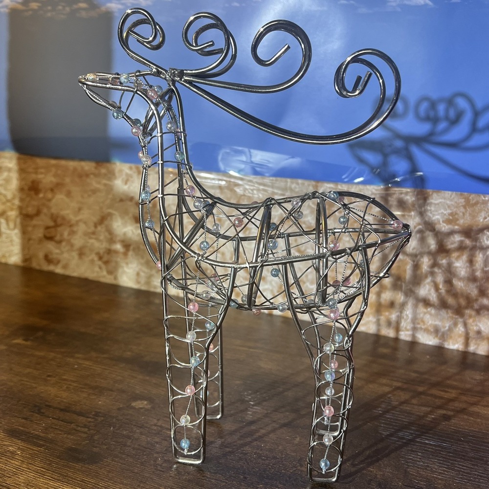 X-10 Silver Metal Reindeer Figurine Pink Blue Beaded Christmas Decor 10.75in